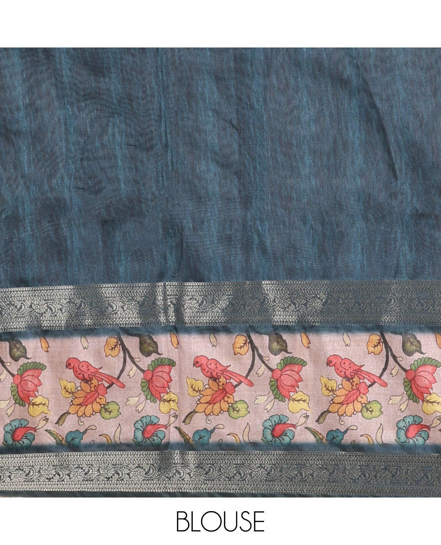 Olive green tie-dye & human motifs enclosed arcs printed semi-tussar saree,contrast traditional zari rettai pettu floral print border, print pallu & contrast blouse