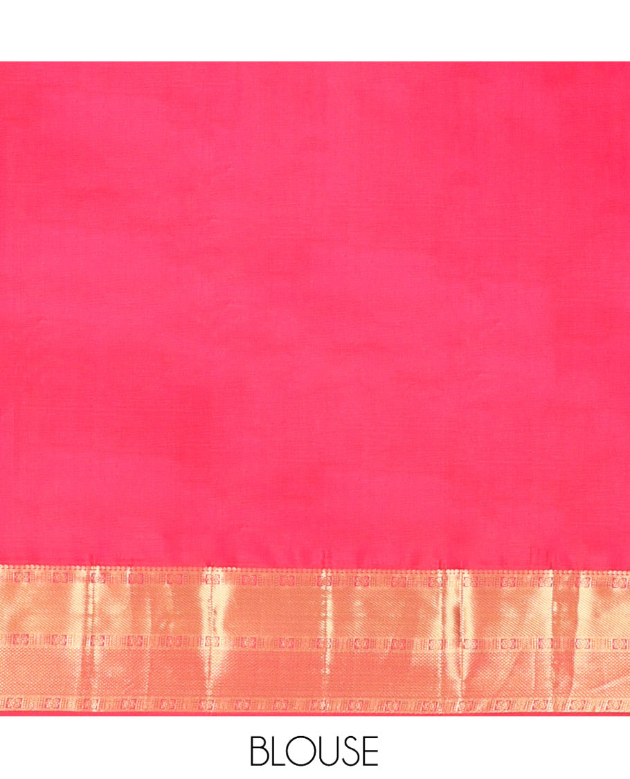 Red Vasundhara Silk Saree, Gleamed Up with Zari Muthu Stripes on Its Body, Highlighted by Zari Border of Traditional Designs, Geometric-Patterned Pallu, and Paired with a Matching Blouse