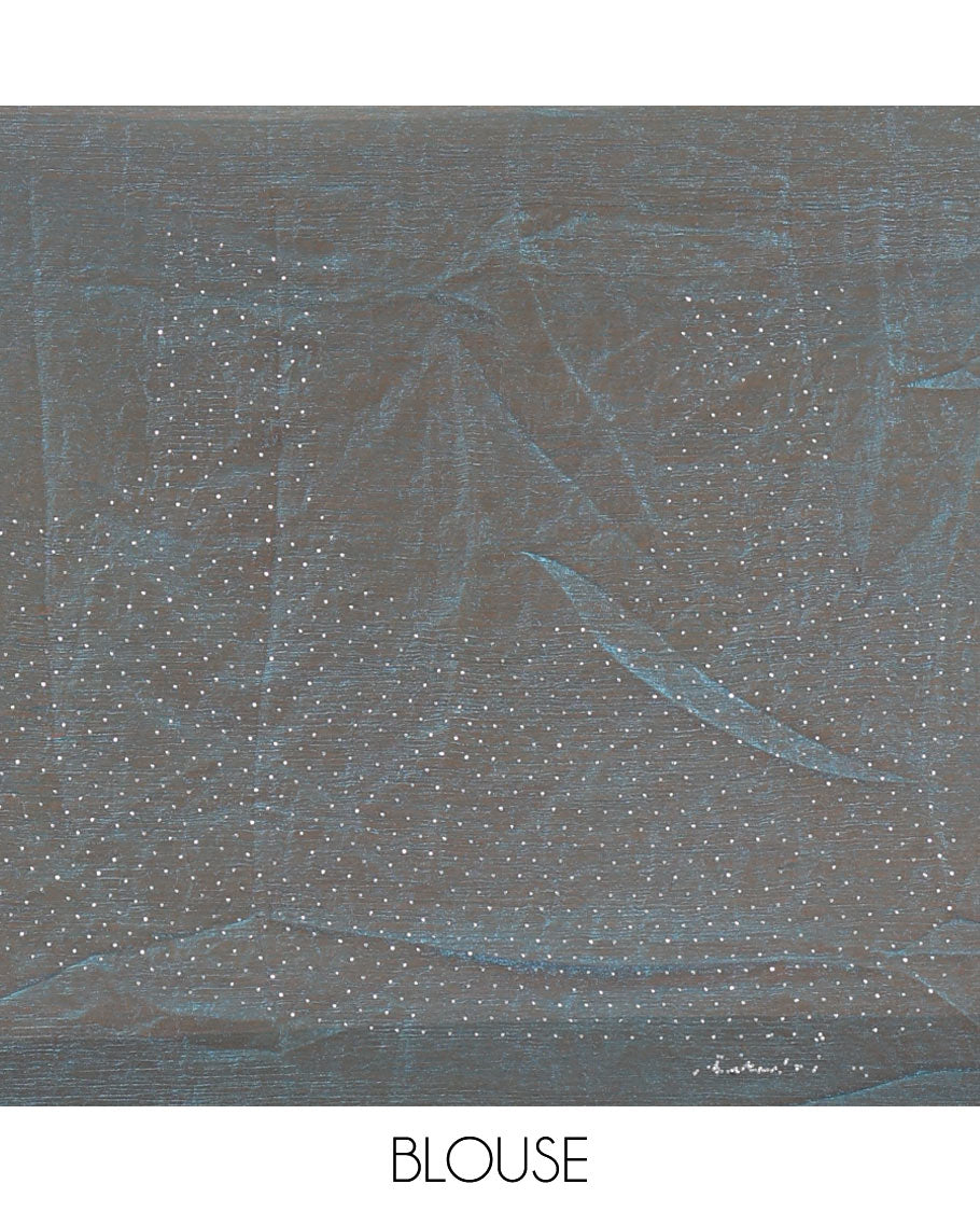 Peacock blue full-plain fendy chiffon saree, scallop swarovski stone work geometric border and contrast plain blouse