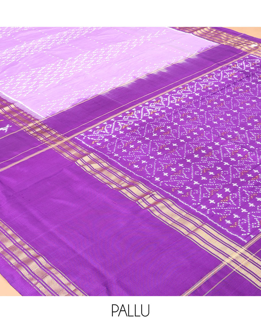 Lavender Pochampally Ikat Saree, Finely Crafted with Chevron Stripes Ikat Weave, a Contrast Ikat Peacock Weave Border, Ikat Pallu, and a Contrast Blouse