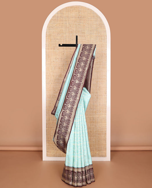 light blue floral jacquard silk saree with contrast zari design border & argyle design pallu
