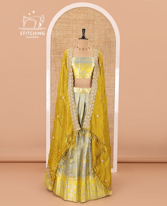 Grey banarasi half-saree, floral jaal thread weave with contrast floral thread bordered skirt, a matching blouse, and scallop embroidered dhavani with belt