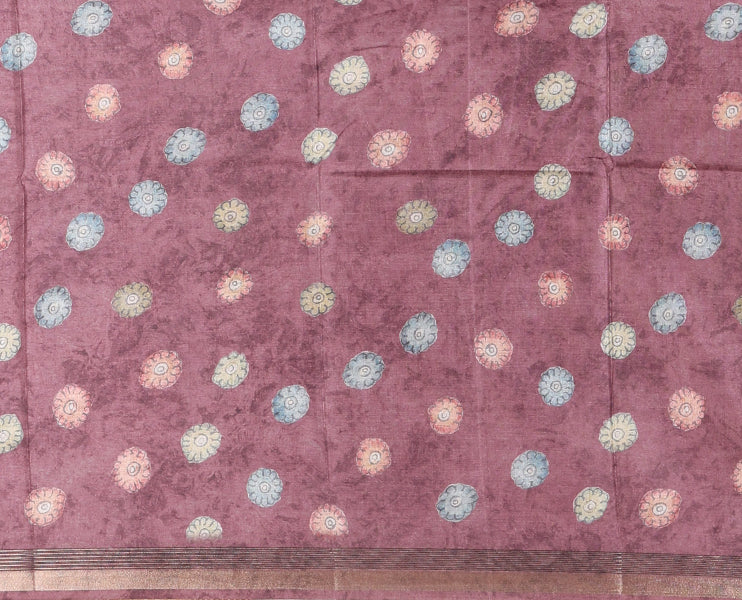 Pink-base multi-color kalamkari floral-vine and peacocks printed semi-tussar saree, gold zari piping border, kalamkari printed pallu, and contrast printed blouse