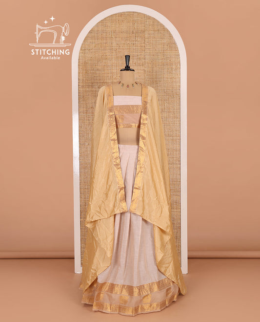 Cream-chikku sungudi cotton half-saree, plain with contrast traditional zari peacock motif bordered skirt, matching blouse, and a zari bordered dhavani