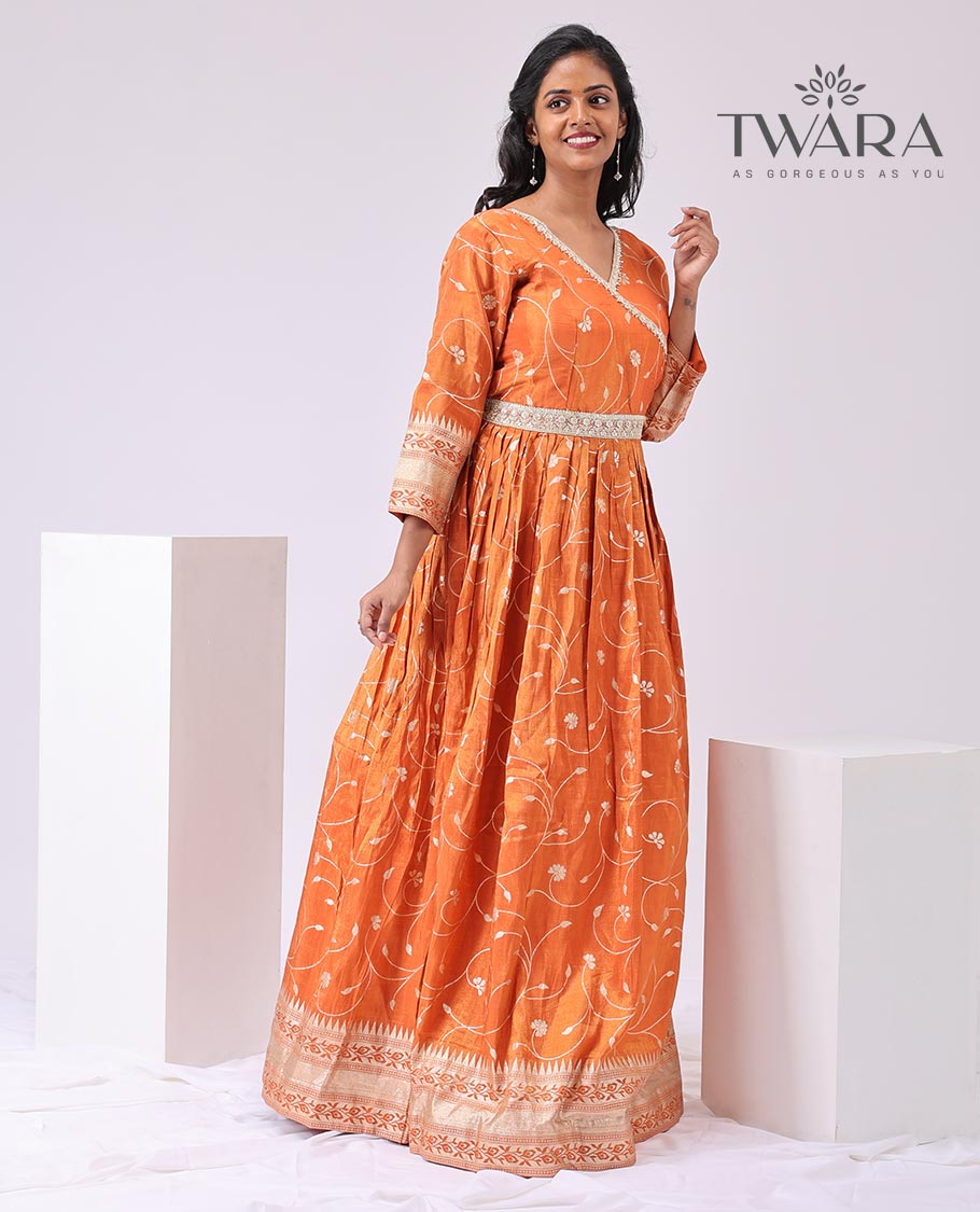Orange floral v neck embroidered floor-length gown with 3/4 th sleeve & floral embroidered dupatta