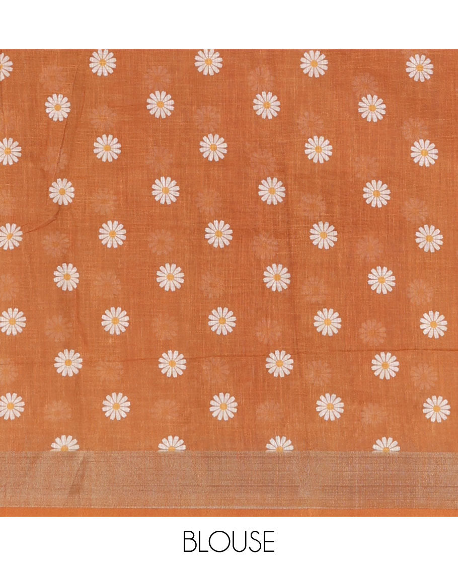 Beige pink sunflower motif printed linen saree, silver zari plain border & small sunflower motif print blouse