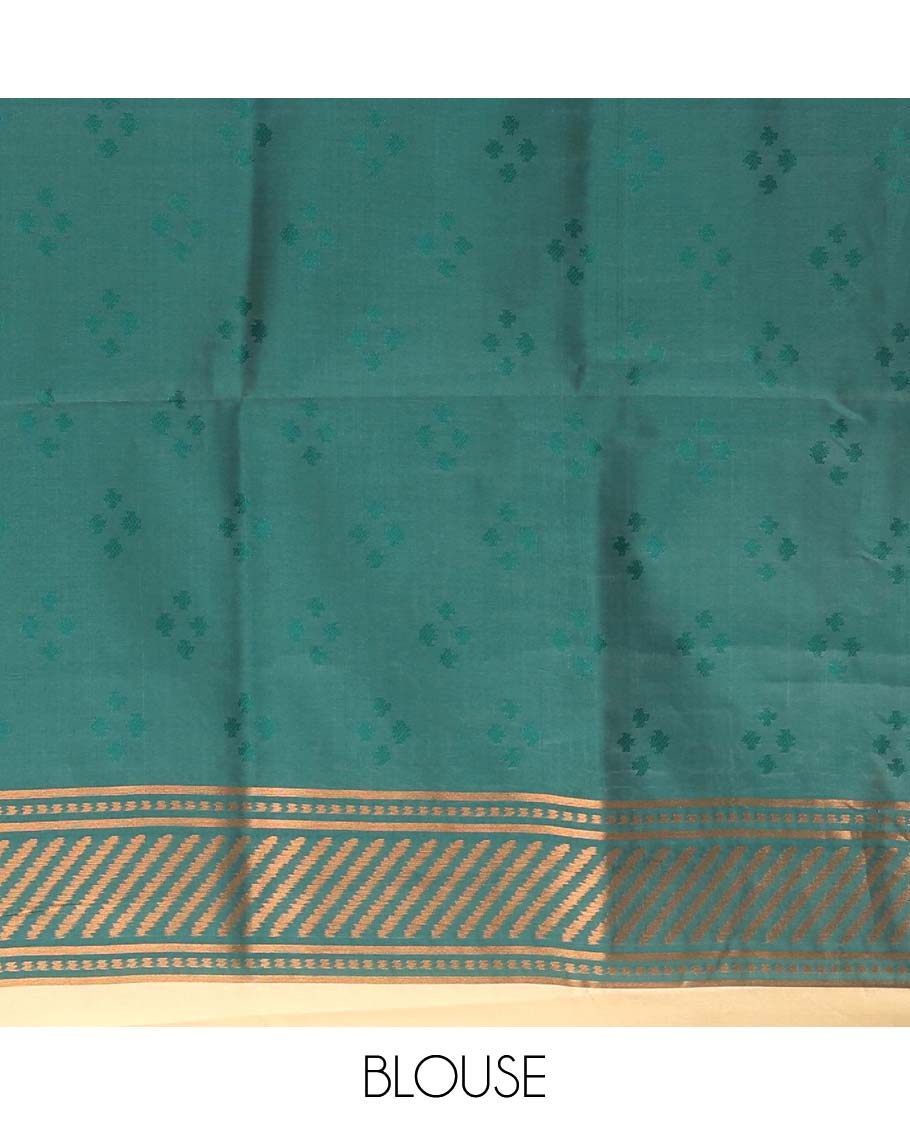 Chikku ikkat style zari and thread buttas semi-tussar saree, contrast ikkat design border, geometric patterned pallu, and a contrast blouse