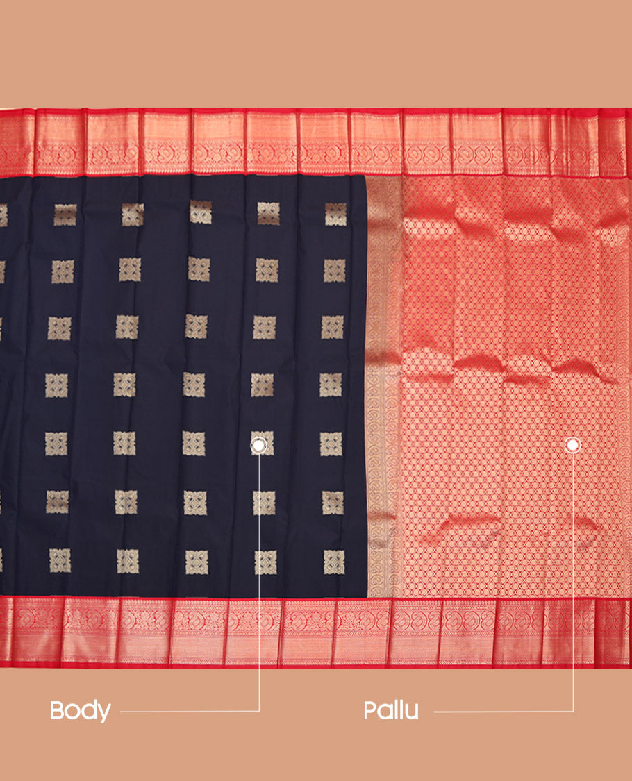 Navy Blue Budget Silk Saree, Spotlighted with Zari Buttas on Its Body, Complemented by a Contrast Traditional Zari Design Border, Grand Pallu, and Paired with a Contrast Blouse