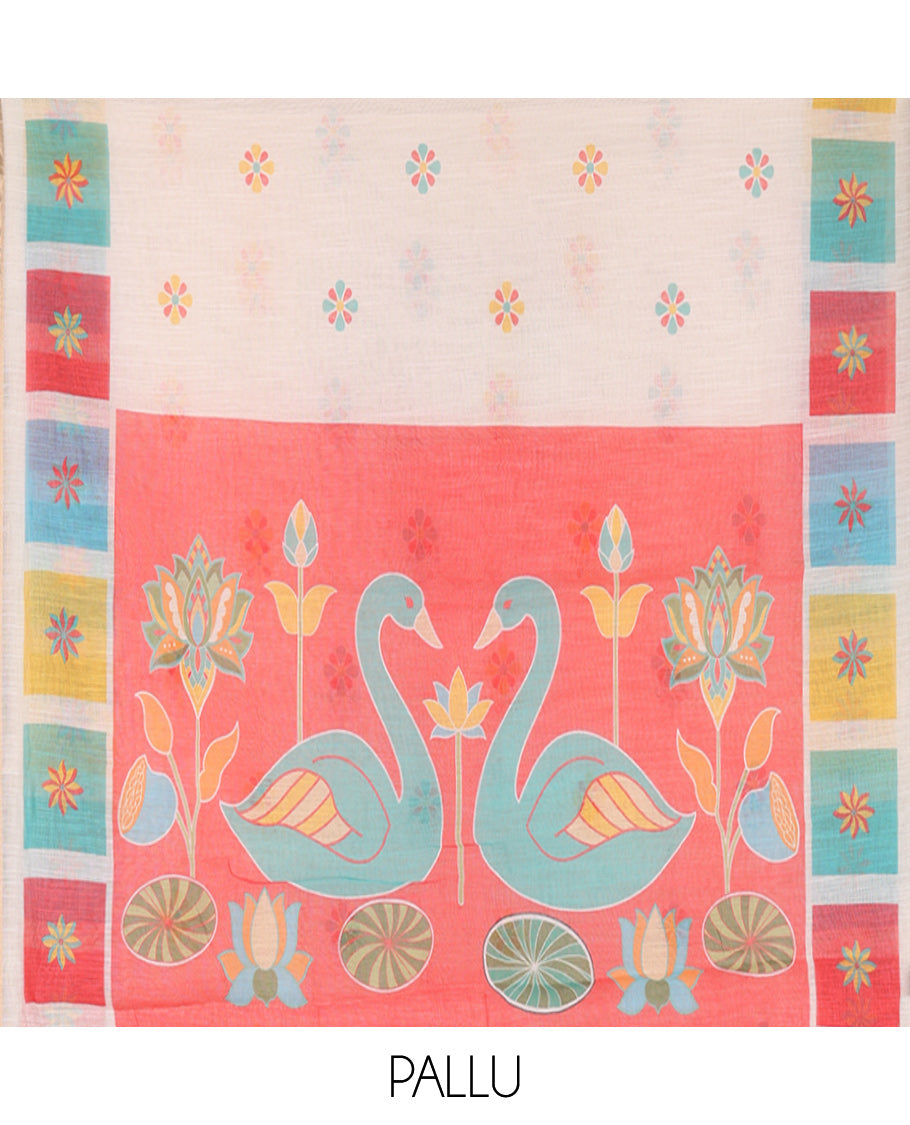 Cream-Red Linen Cotton Saree