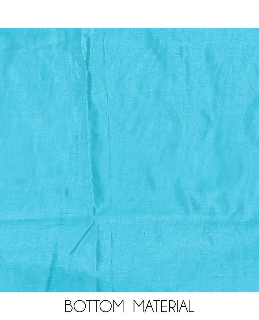 Blue material chudidar set, plain with pom-pom tasseled mul chanderi top, a matching bottom, and organza dupatta of stripes