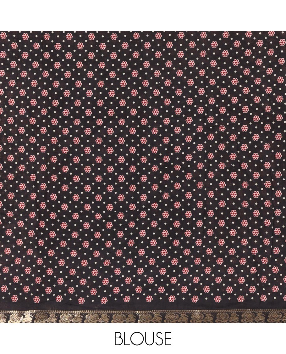 Red shibori printed muslin cotton saree, contrast zari border of elephant motifs print, big elephant printed pallu, and a contrast printed blouse