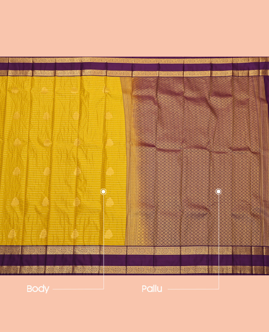 Yellow Budget Silk Saree, Sparsely Threaded with Buttas and Stripes, Complemented by Contrast Traditional Rettai Pettu Border, Jaal Pallu and a Contrast Blouse