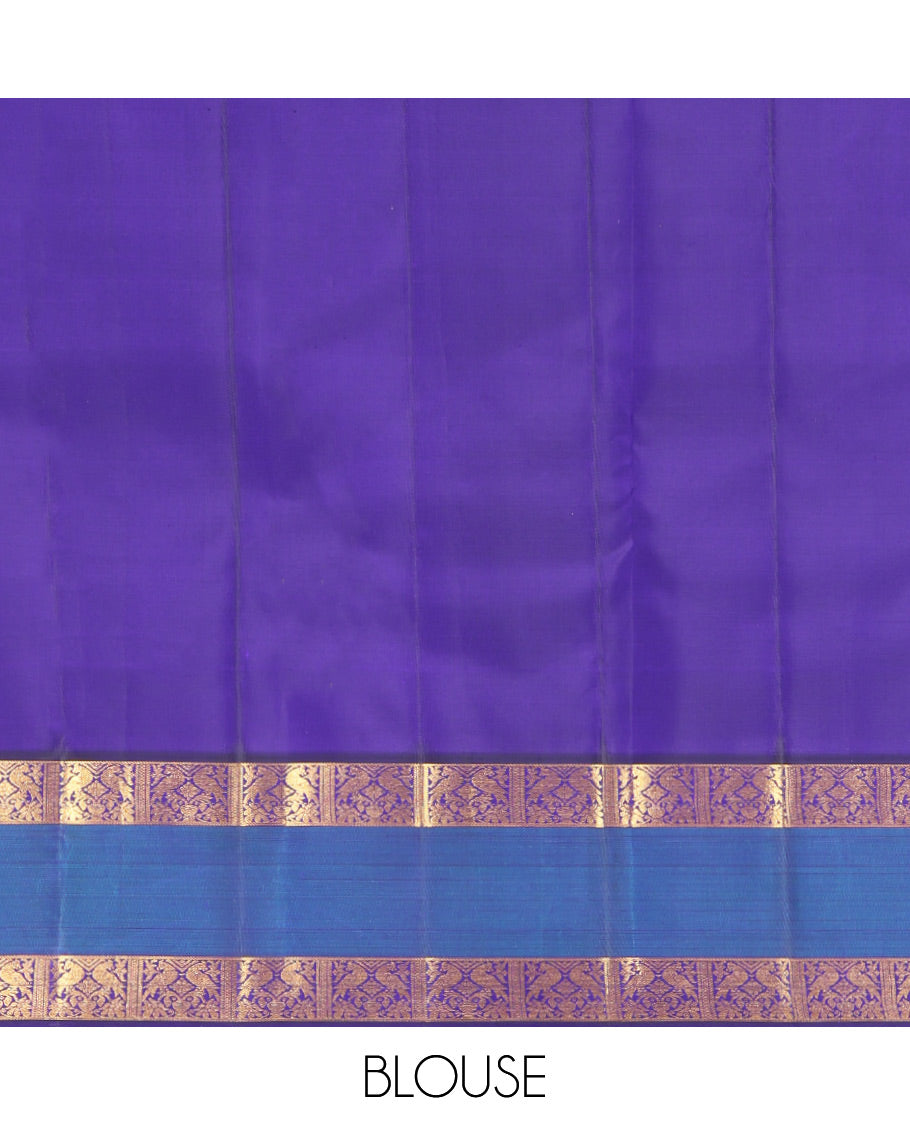 Pink Kanchipuram Silk Saree, Bedecked with Zari Buttas, a Contrast Korvai Rettai Pettu Border of Kili Designs, Butta Enclosed Checked Pallu, and a Contrast Blouse