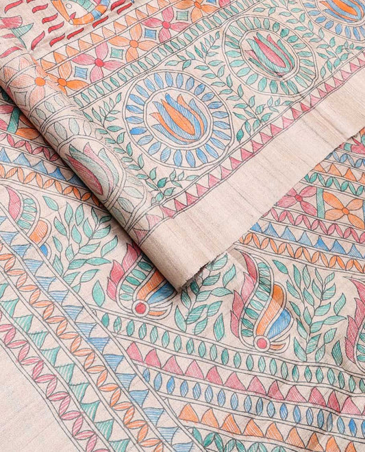 Cream all-over madhubani style design tussar saree with self plain border