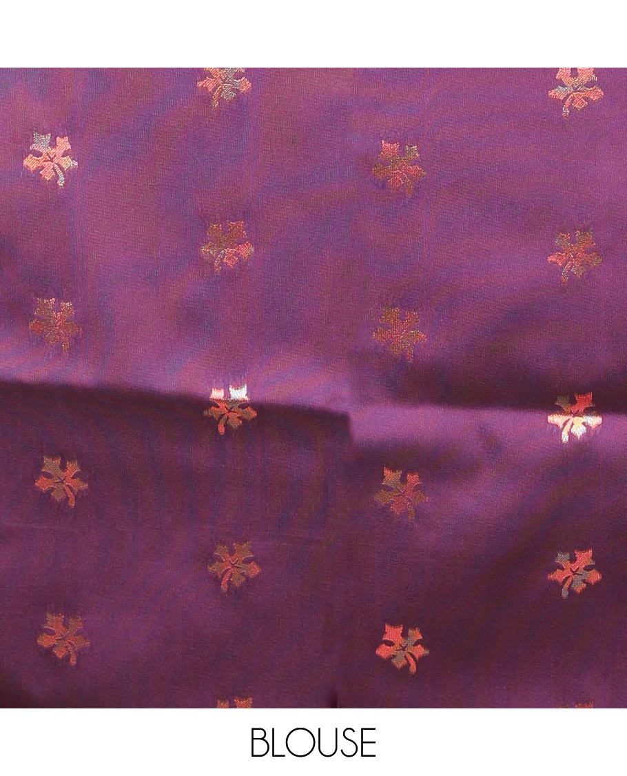 Grey gold zari leaf butta mulburry soft silk saree with contrast zari weaving with tussels & contrast zari small buttas blouse