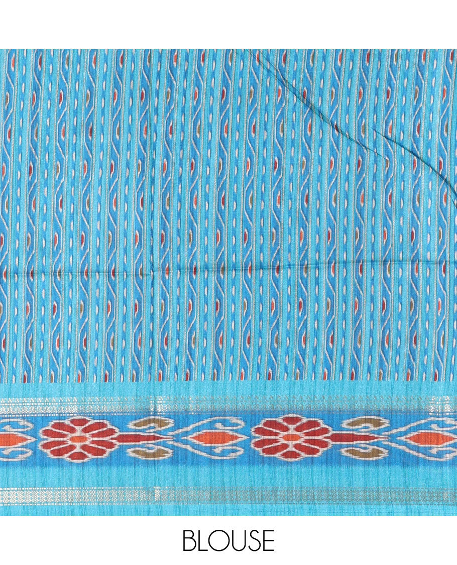 Wine plain Katan silk saree, contrast temple ikkat floral printed border, ikkat floral printed pallu, and ikkat printed blouse