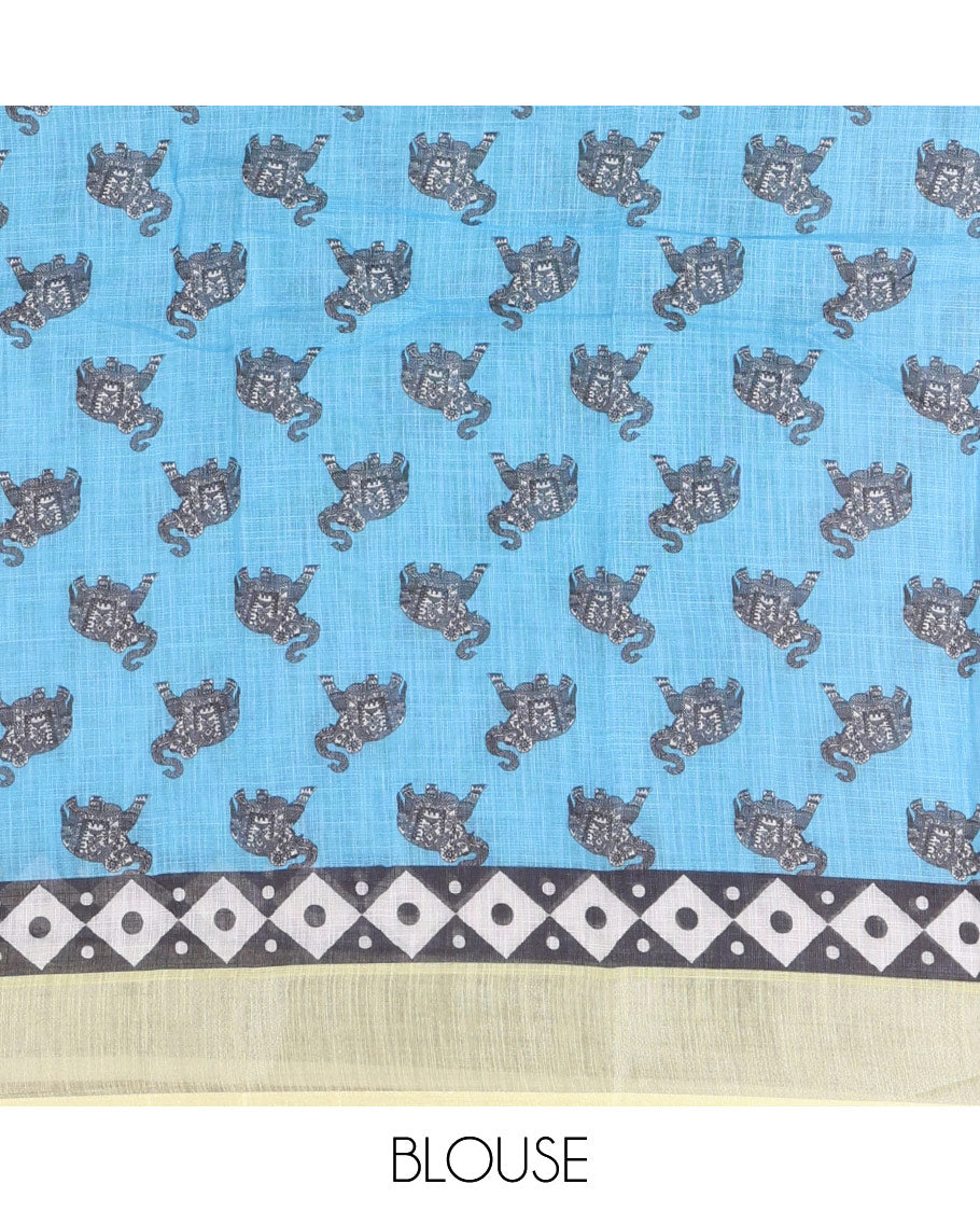 Yellow plain linen cotton saree, silver zari border of elephant motifs print, elephant motifs pallu, and a contrast elephant motifs printed blouse