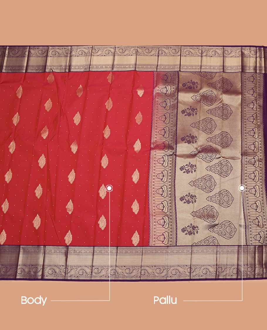 Red Budget Silk Saree, Highlighted with Zari Buttas All Over Its Body, Complemented by a Contrast Traditional Zari Design-Woven Border, Mughal-Style Intricately Designed Pallu, and Paired with a Contrast Blouse