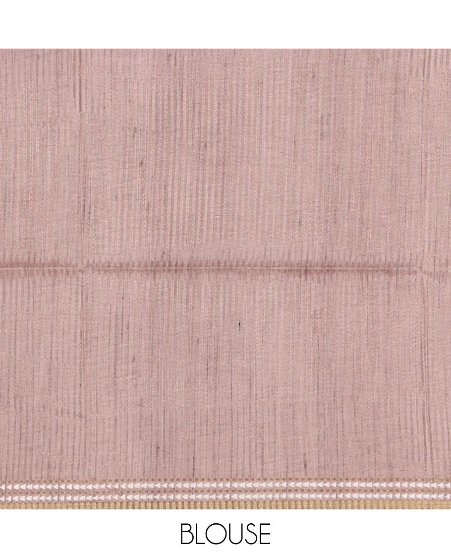 Purple abstract geometric printed semi-tussar saree, contrast thread triangle motifs border, striped pallu & contrast striped blouse