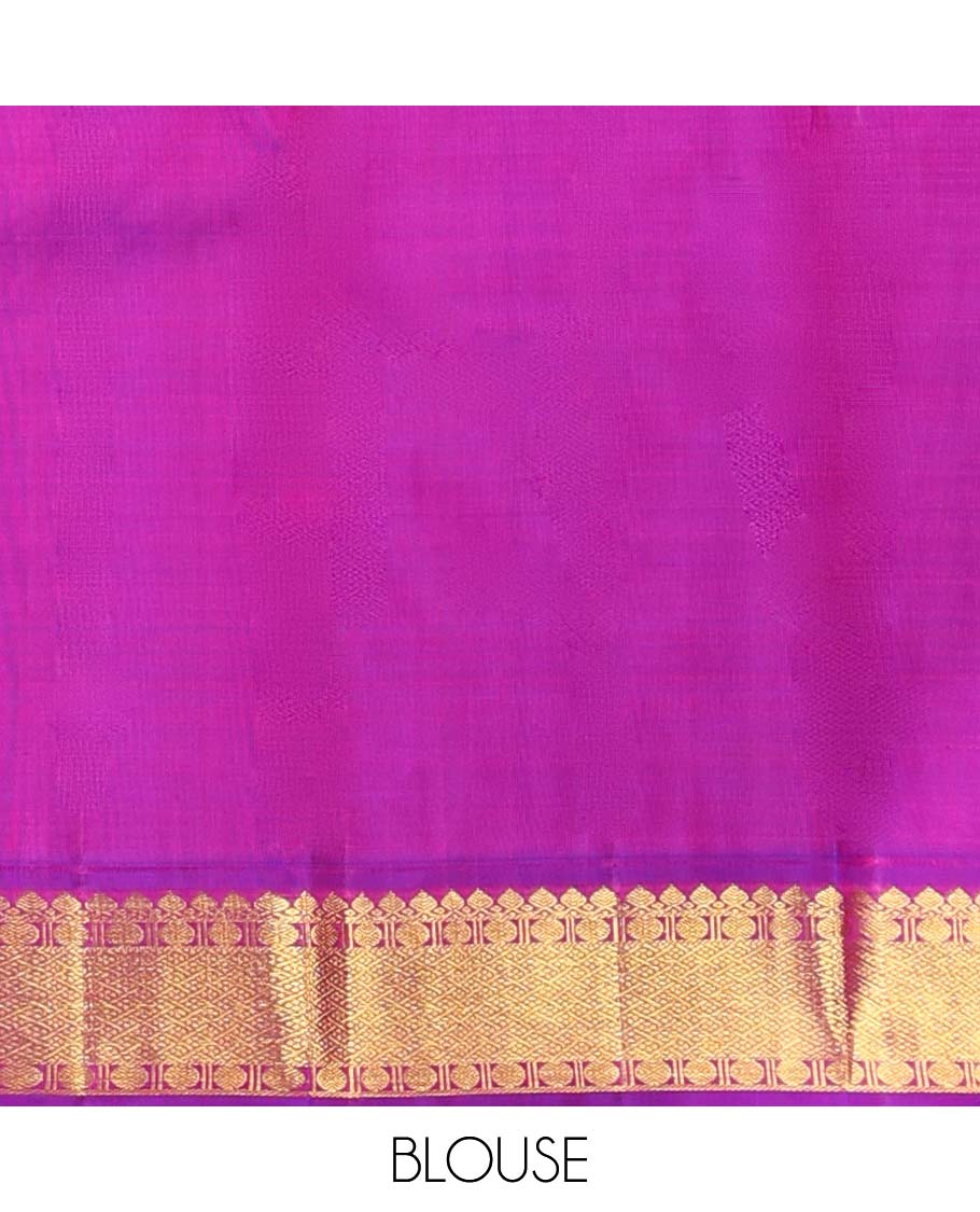 Green leaf buttas kancheepuram silk saree with intricate zari pallu & korvai border of thilakam mokku,paun desigs