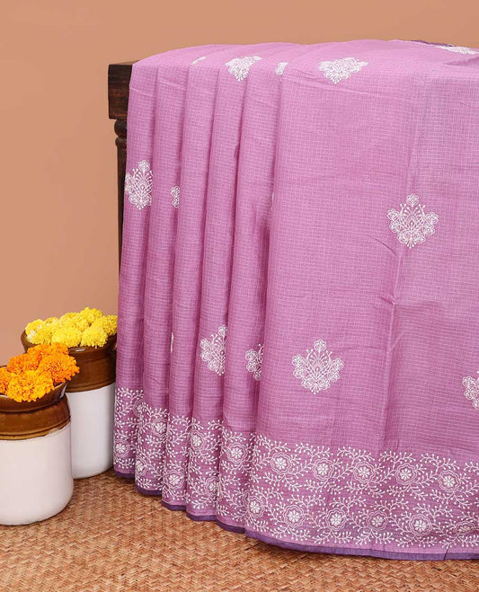 Purple allover lucknowi chikankari design kotta checks saree with running blouse