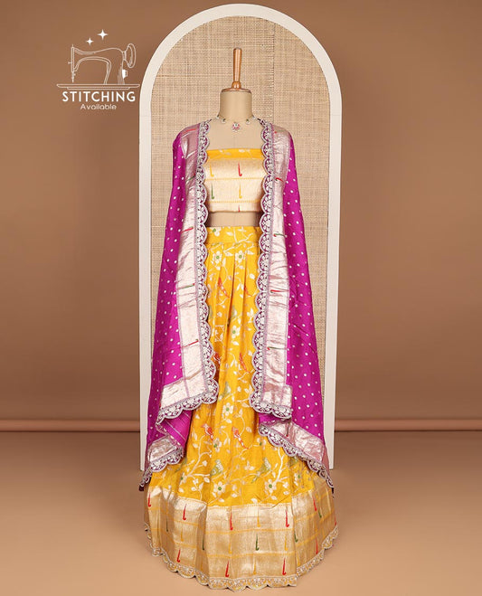 Yellow floral,animal embroidery tissue half saree with self embroidery border, zari design blouse & floral vine design dhavani