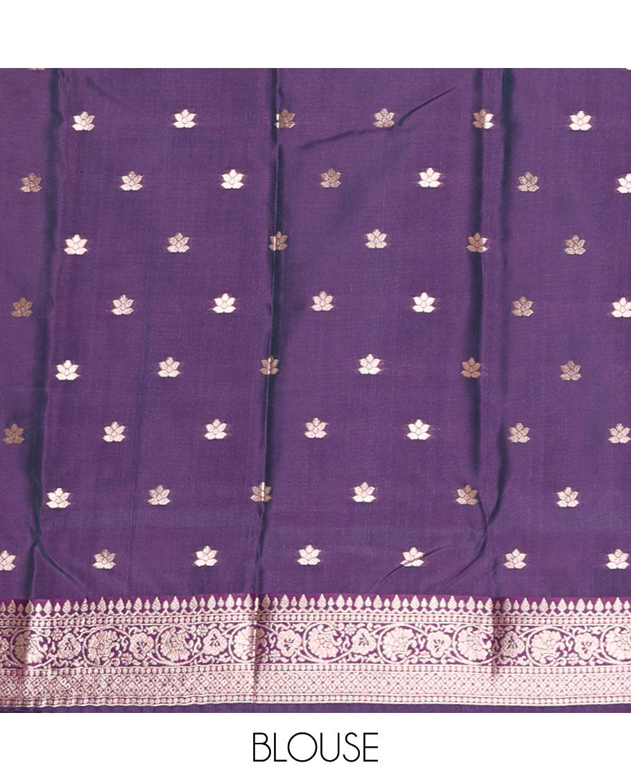 Borderless rama blue floral motifs steeped elite soft silk saree, contrast lotus-like motifs pallu, and contrast buttas blouse