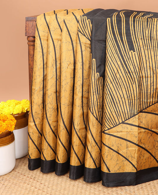 Black & mustard abstract black ground design khadhi silk saree with lariya border & lariya blouse