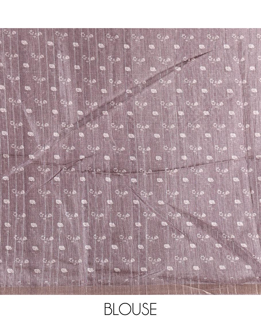 Brown floral motifs printed katan silk saree, contrast scallop floral printed with piping zari border, and contrast buttas blouse