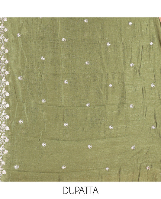Green Semi-Silk Material Churidar Features a Floral Embroidered Top, a Matching Bottom, Embroidered Dupatta