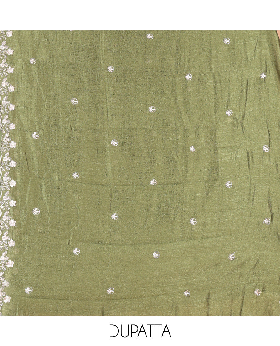 Green Semi-Silk Material Churidar Features a Floral Embroidered Top, a Matching Bottom, Embroidered Dupatta