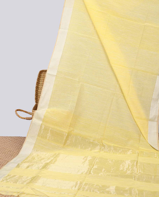 Yellow maheshwari cotton saree with contrast zari border & striped zari pallu