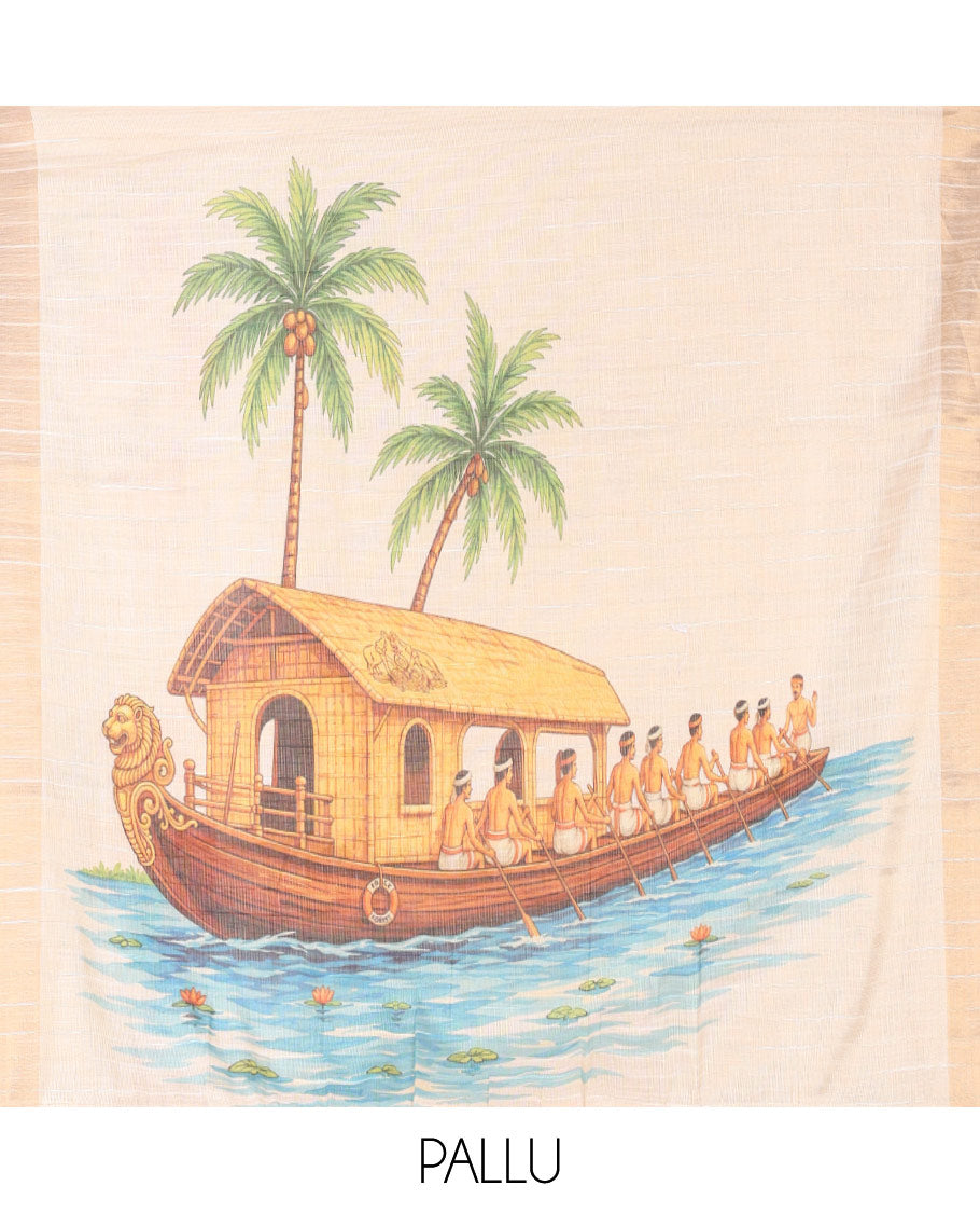 Cream Kerala Cotton Saree, Elevated with Pichwai Lotus Print, a Zari Border, Pallu of Vallamkali Print, and a Matching Blouse