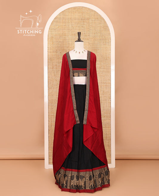 Black with red mercedised cotton half-saree, contrast elephant zari border skirt, matching blouse & one side border georgette dhavani