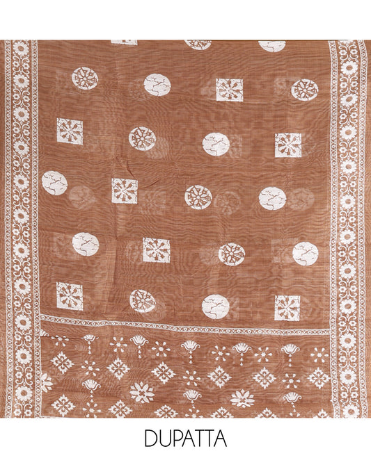 Brown Chanderi Material Chudidar Features Batik Printed Top, a Matching Bottom, and Batik Printed Dupatta