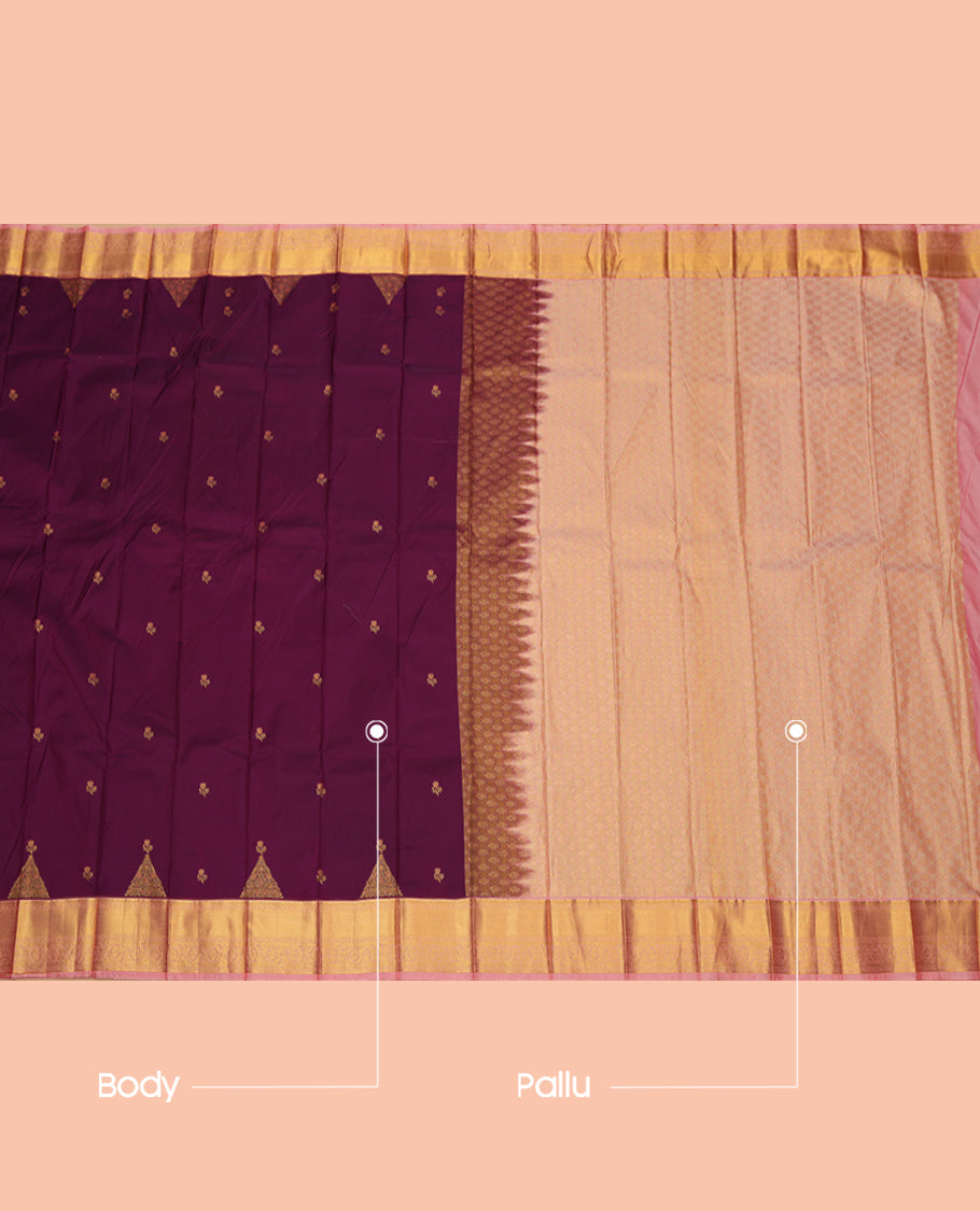 Wine Budget Silk Saree Featuring Zari Buttas, a Contrast Traditional Zari Border, Grand Pallu, and a Contrast Blouse