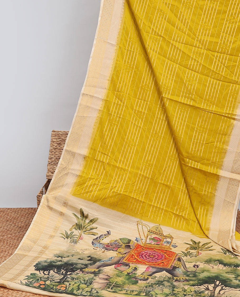 Green striped design  mysore silk saree with contrast argyle border & forest theme printed pallu