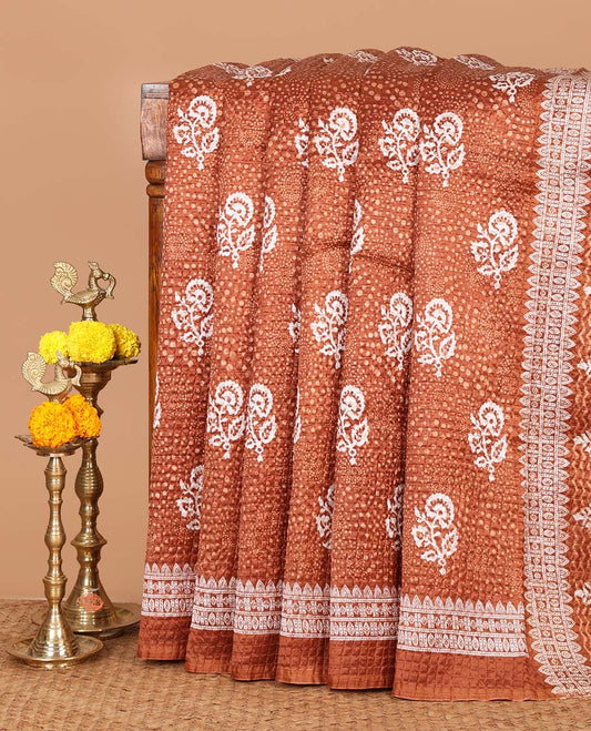 Brown floral printed litchi crushed saree, geometric printed border, floral-geometric printed pallu & triangle motif printed blouse