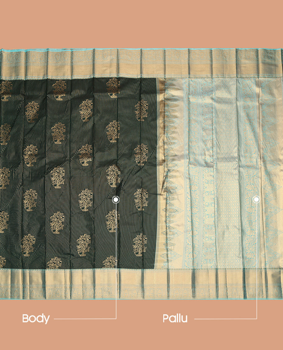 Green Budget Silk Saree, Detailed with Zari Buttas and Stripes, Contrast Traditional Zari Border, Jaal Pallu, and a Contrast Blouse