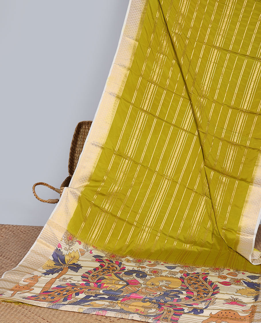 Green striped design art mysore silk saree with self zari border & peacock design pallu