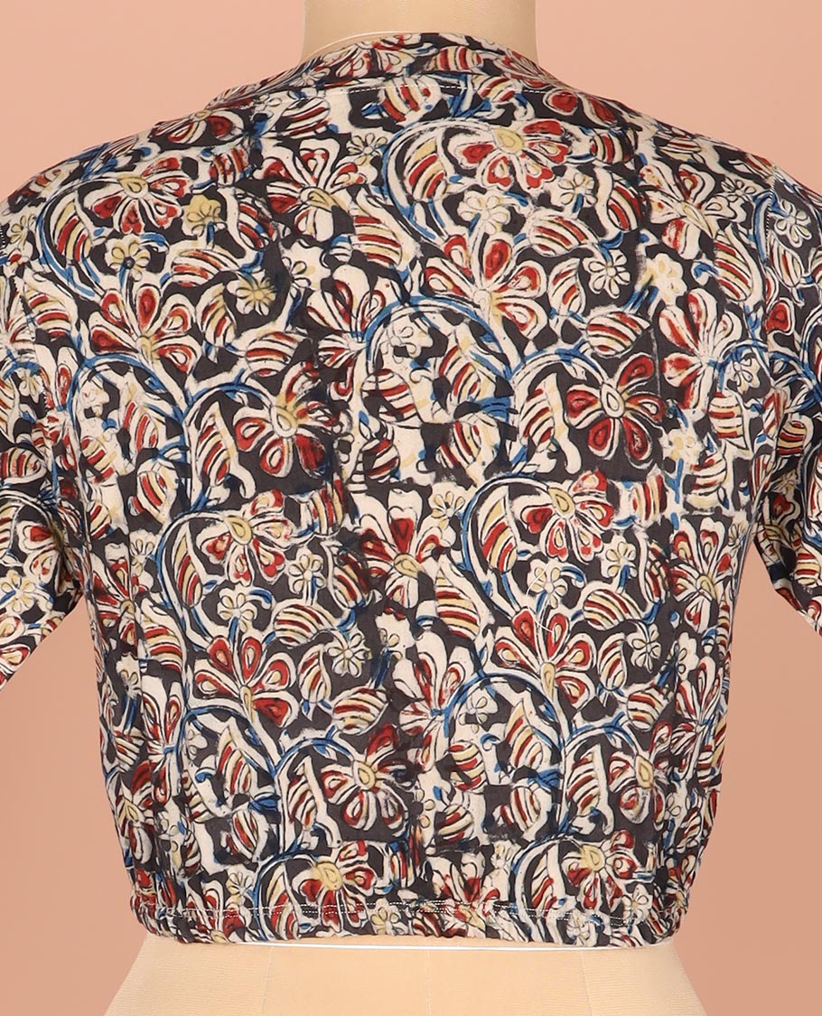 Multi-Color Readymade Blouse Artfully Detailed with Floral Vine Prints, Featuring a Front V-Neck, a Back Closed Neck, and Full Sleeves