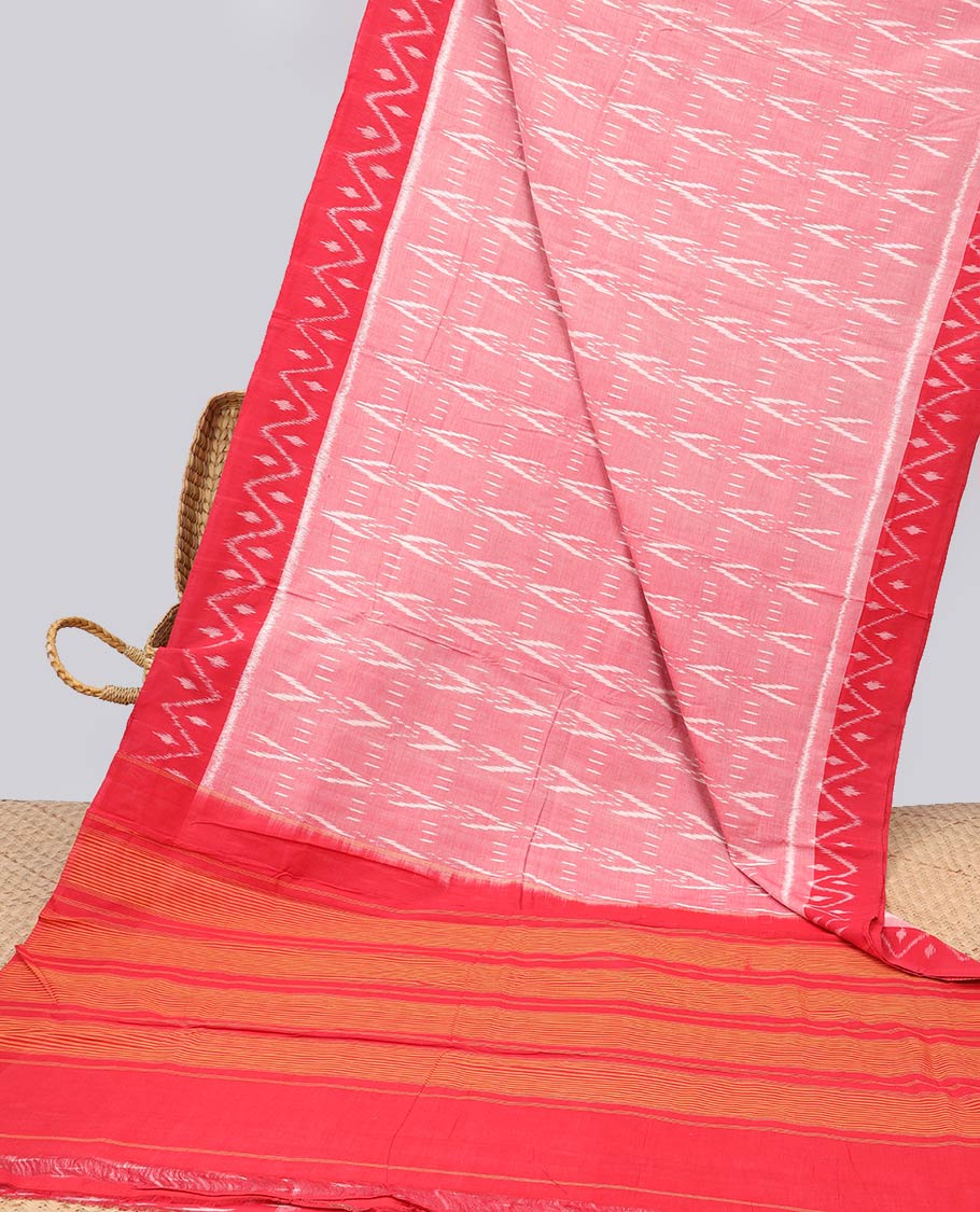 Pink geometric design ikkat cotton saree with contrast geomentric border & striped design pallu