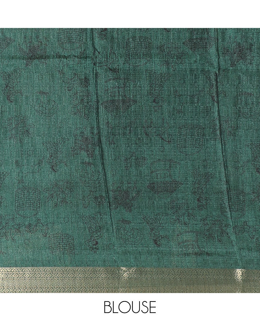 Chikku-green color animal and village theme printed khadi jute saree, contrast jaal patterns zari woven border, printed pallu, and a contrast blouse