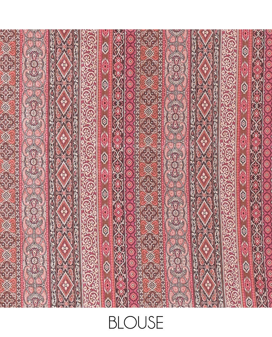 Chikku and purple plain Khicha Tussar saree, temple border of intricate Ajrakh print, Ajrakh printed pallu, and contrast Ajrakh printed blouse