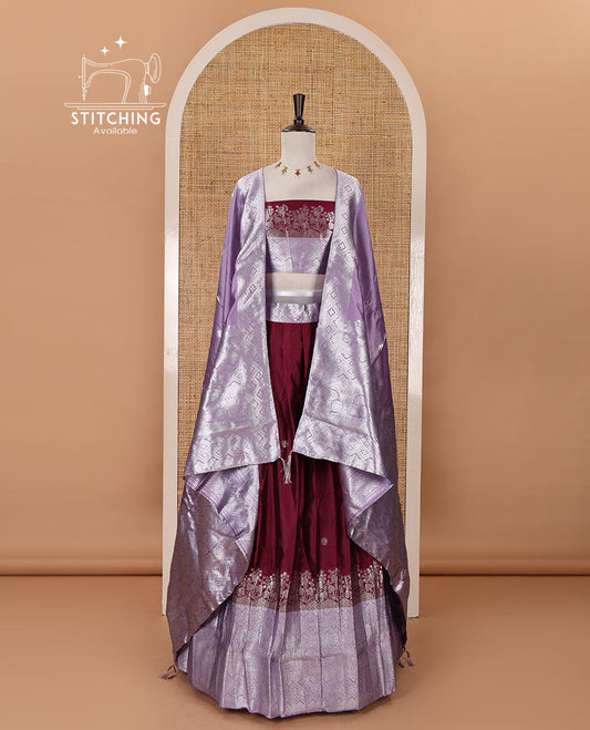 Purple-lavender taffeta silk half-saree, zari buttas & contrast floral-geometric zari border skirt, zari woven blouse & contrast Lavender zari woven dhavani