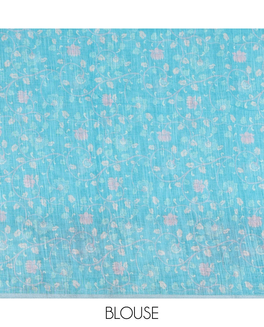 Blue mirror thread embroidered linen saree, contrast kalamkari peacock printed border, pallu of kalamkari peacock and human figurines print, and printed blouse