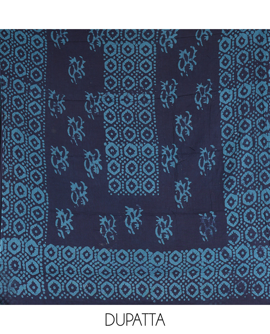 Navy Blue Cotton Material Chudidar, Batik Printed Hakoba Work Top, Contrast Bottom, Batik Printed Dupatta