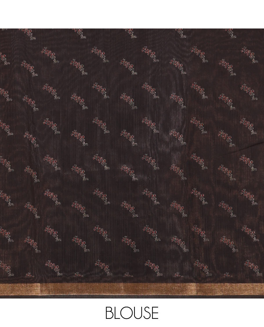 Maroon Ajrakh-style printed Muslin cotton saree, contrast zari border, Ajrakh printed pallu & contarst buttas printed blouse