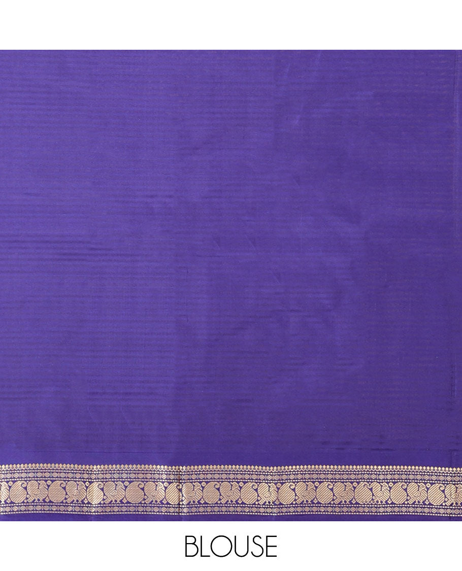 Blue striped flower buttas kancheepuram silk saree with contrast border of sombu, banaras, paisley design & zari design pallu