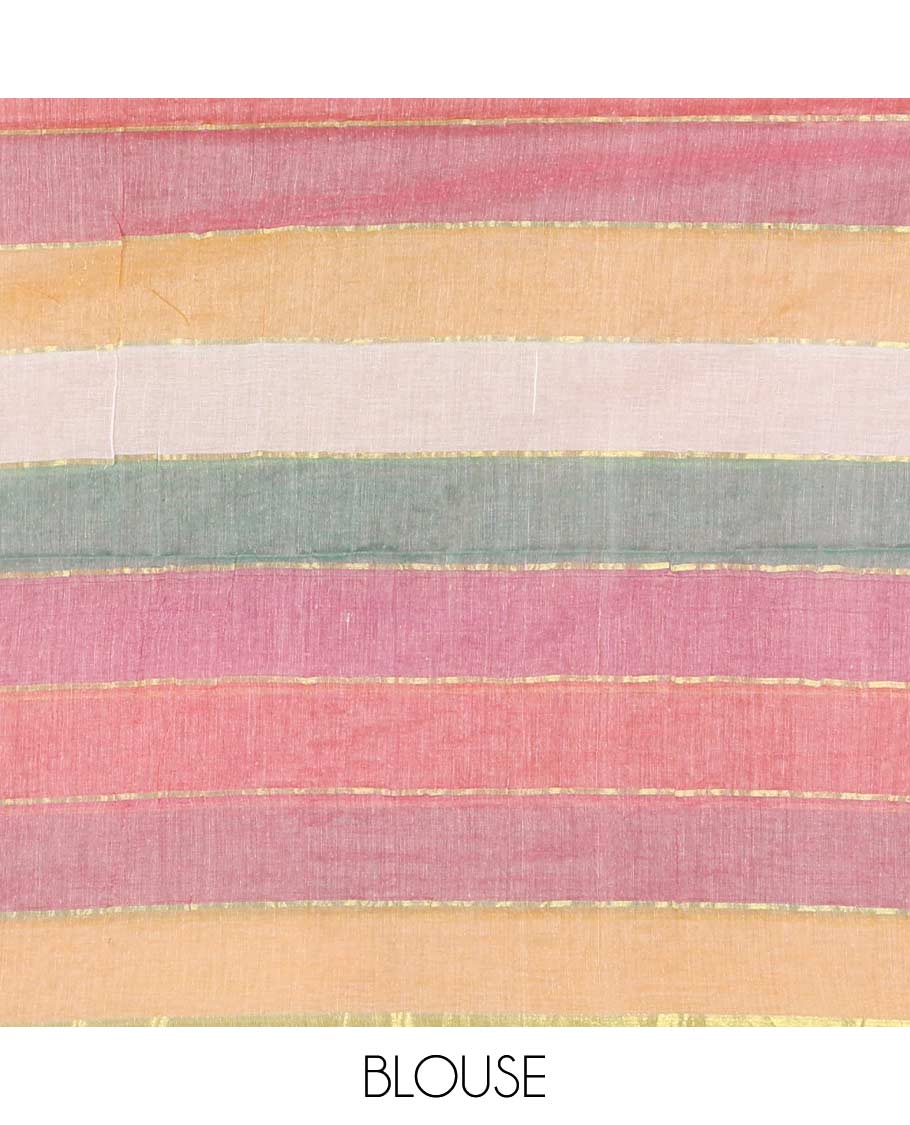 Borderless multi-color rainbow striped khadi mul cotton saree, self-pallu with multi-color tassels and a matching blouse